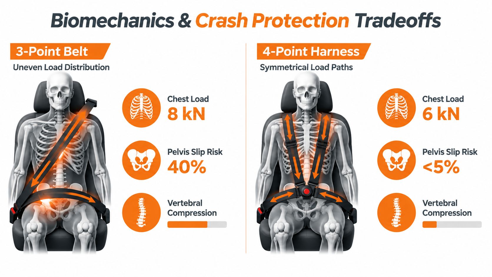A comparison infographic showing the biomechanical differences and safety tradeoffs between a 3-point seatbelt and 4-point harness.
