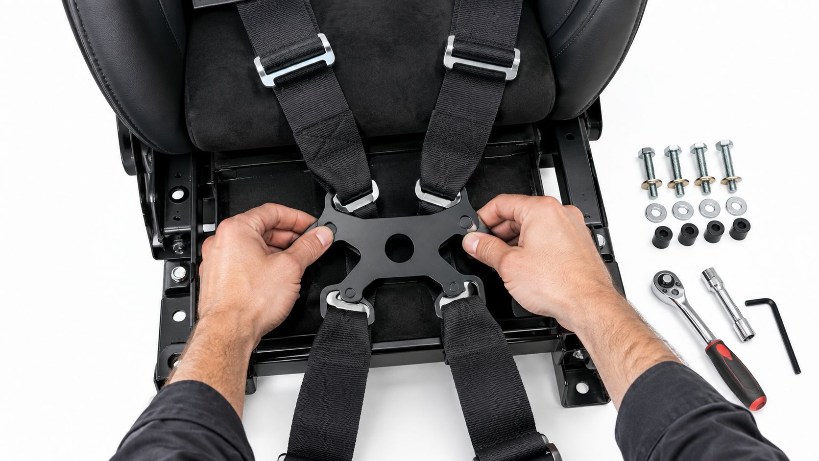 A person installing a four point safety harness mounting bracket onto a racing car seat.