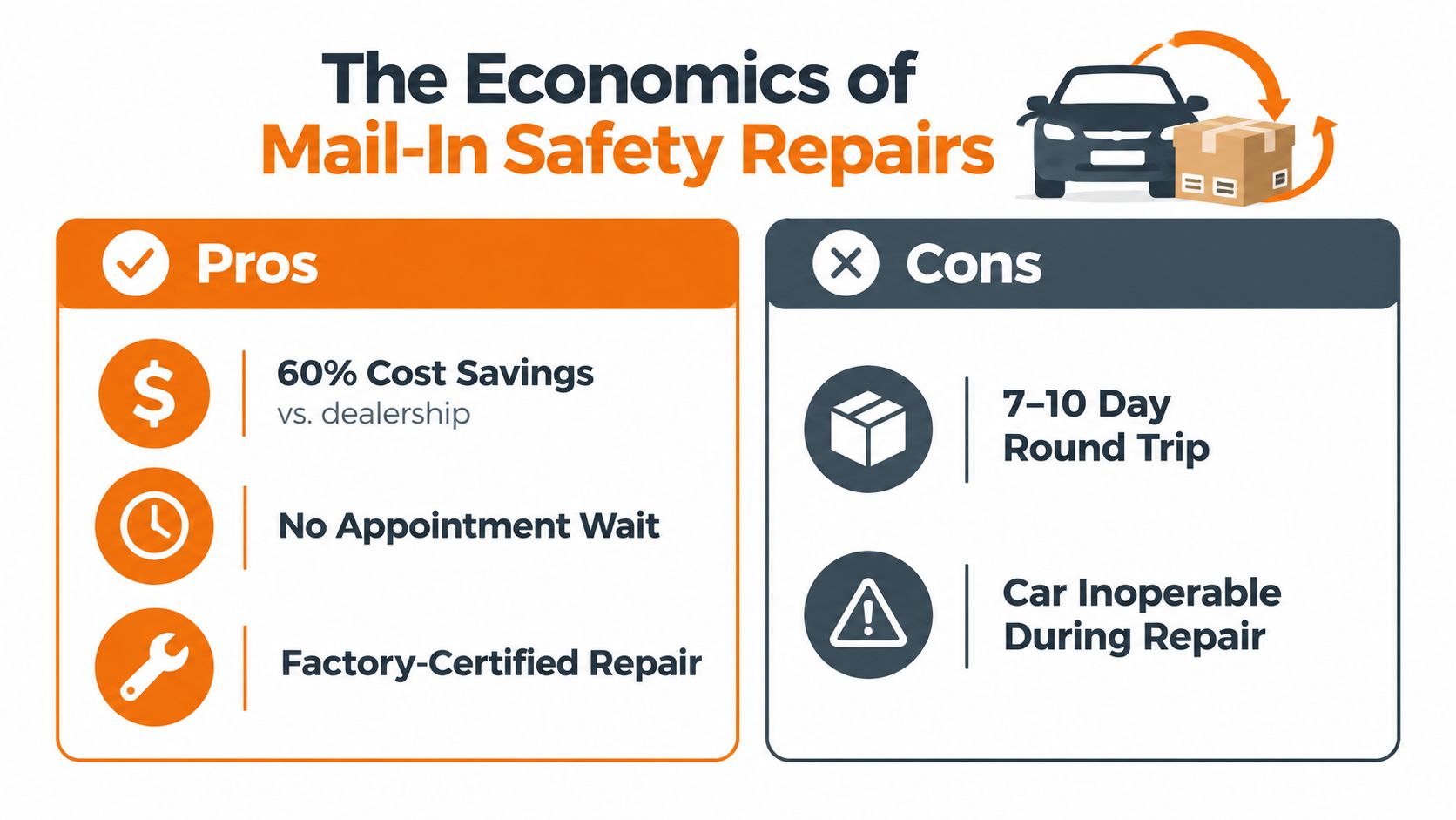 A comparison chart showing the pros and cons of mail-in vehicle safety belt repairs.
