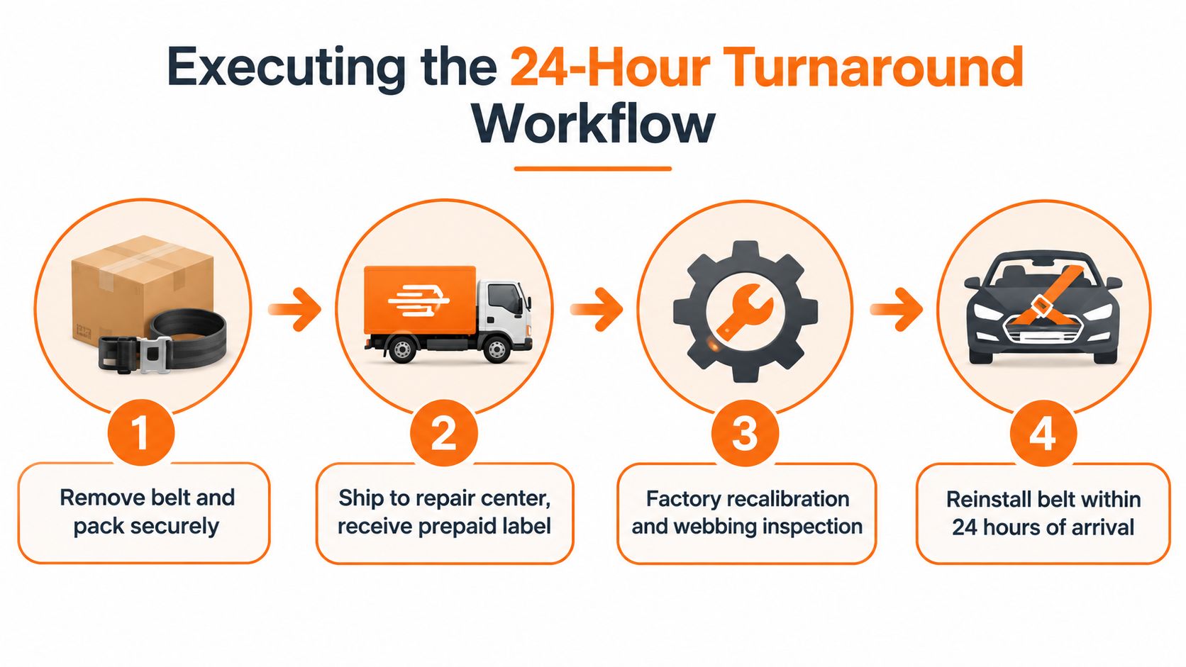 A flowchart showing the 24-hour turnaround process for repairing a four point safety belt step by step.