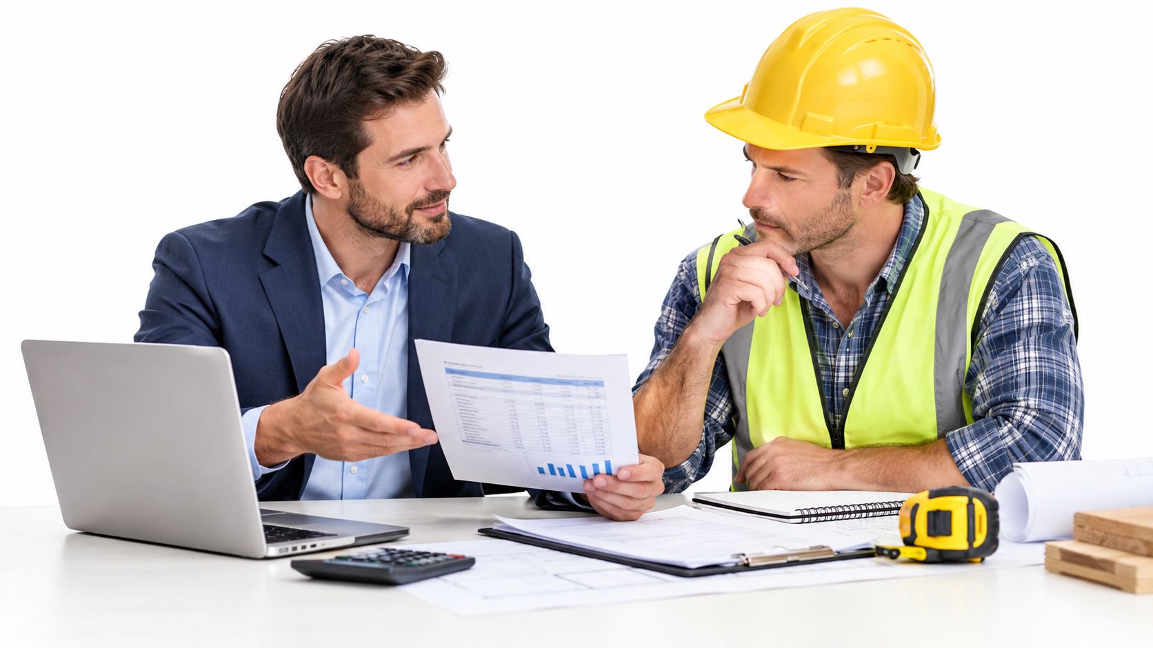 A professional businessman and a construction site manager reviewing project plans and data at a desk.