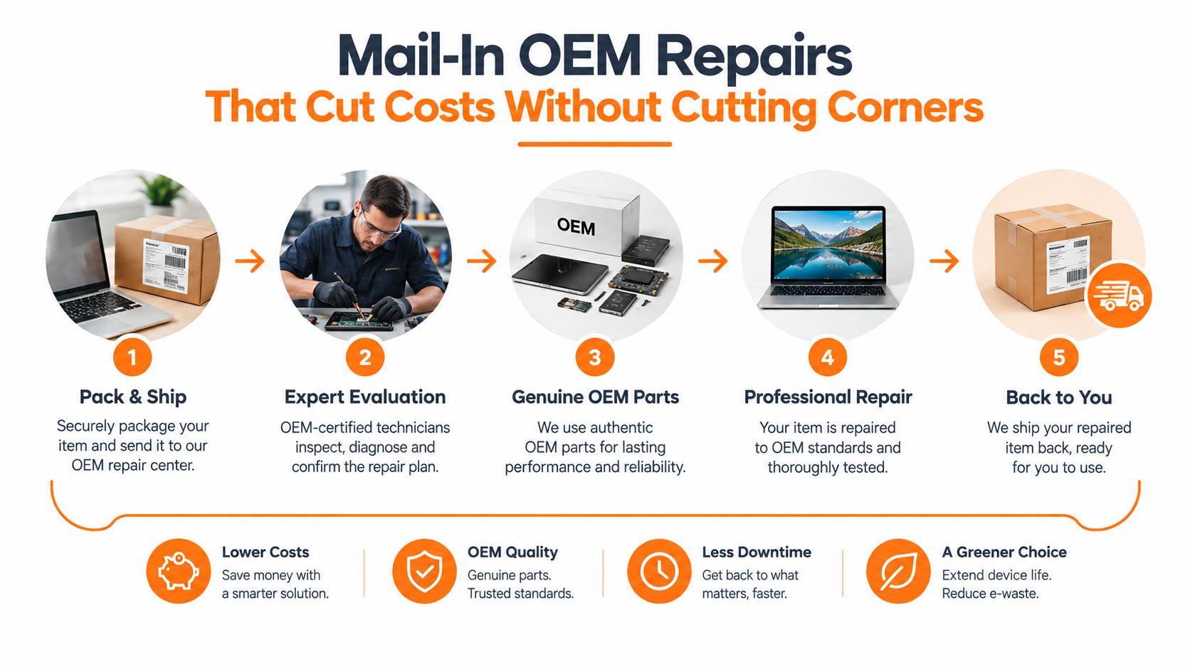 A five-step infographic showing the process of a professional mail-in OEM repair service for electronics.