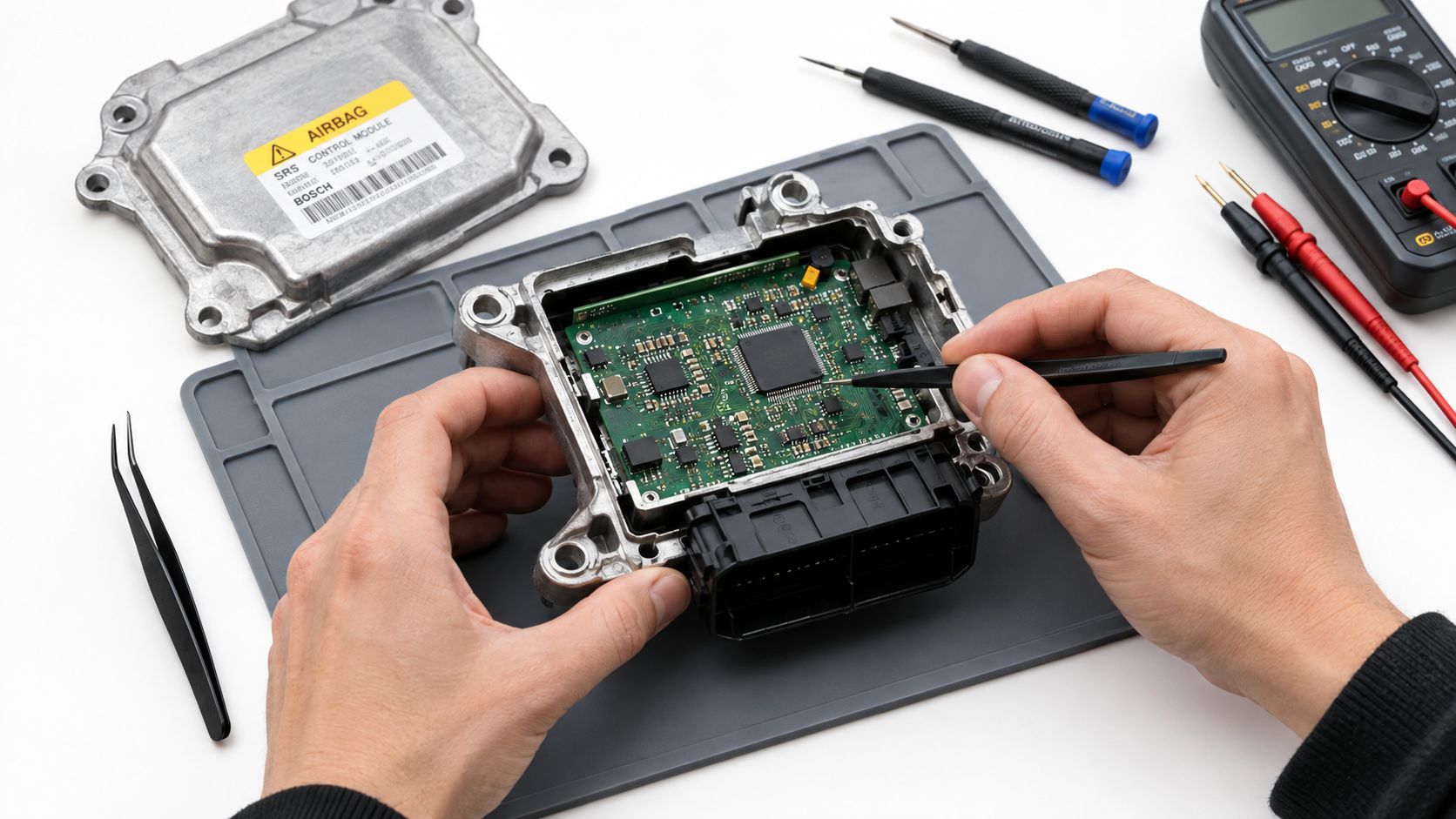 A technician repairing an opened airbag control module with precision tools on a silicone repair mat.