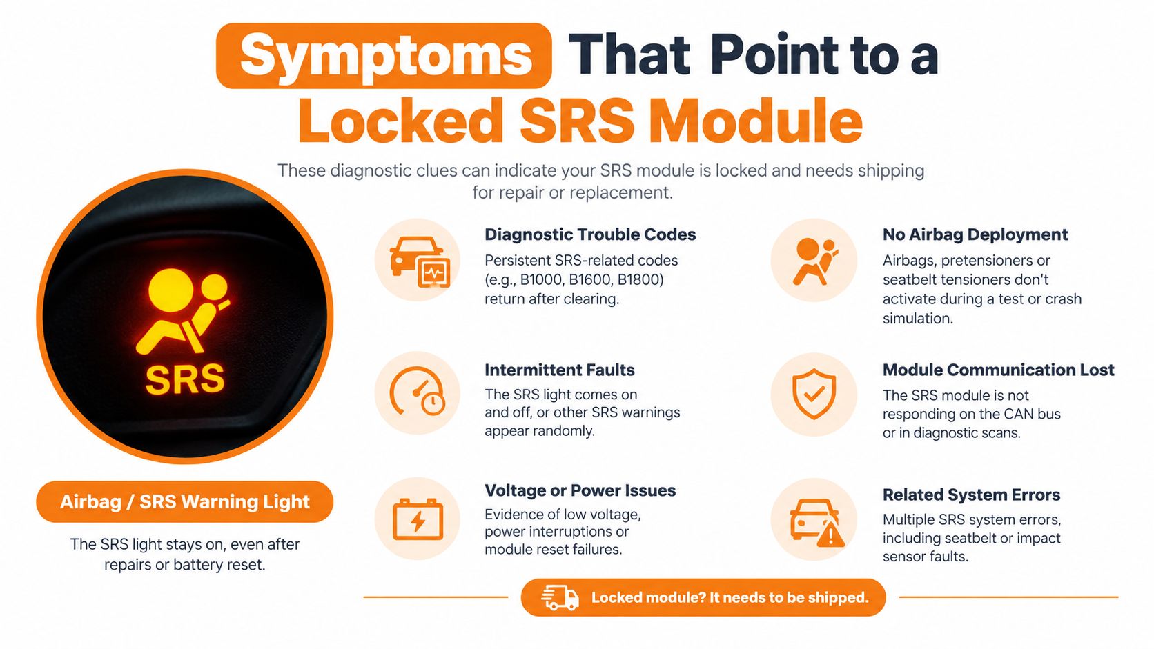 An infographic detailing common warning signs and symptoms indicating a locked vehicle SRS airbag control module.