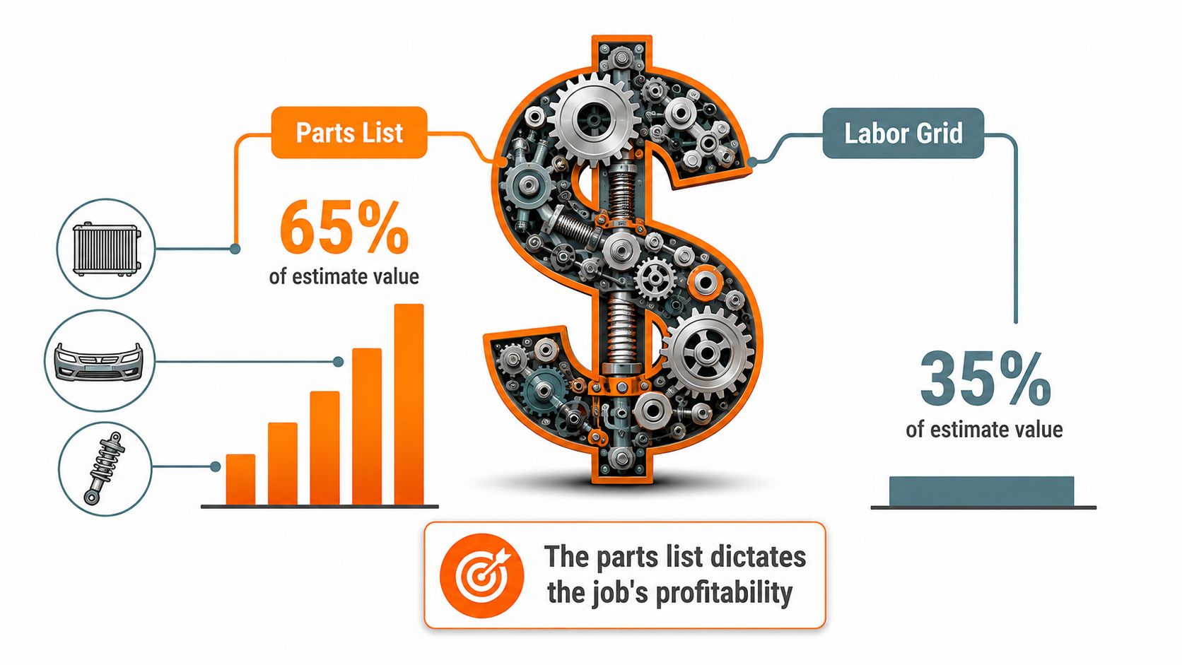 A diagram illustrating that collision repair parts make up 65% of estimate value compared to 35% for labor.