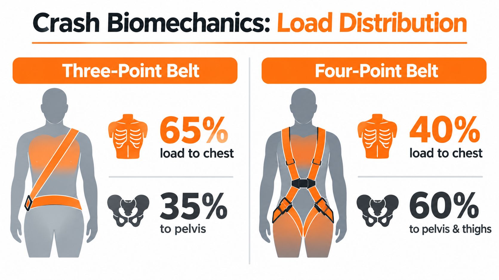 A diagram comparing load distribution on the human body between three-point and four-point seat belt systems.