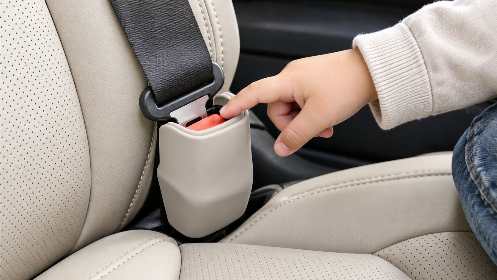 A close-up of a child's finger pressing the red release button on a tan car seat belt buckle.
