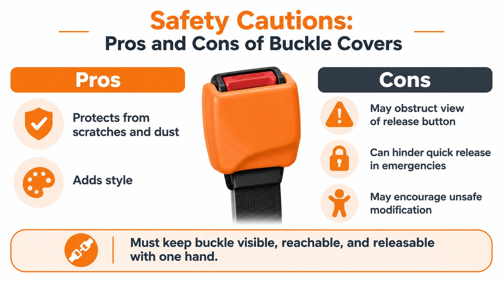 An infographic showing the safety pros and cons of using colorful seat belt buckle covers in vehicles.