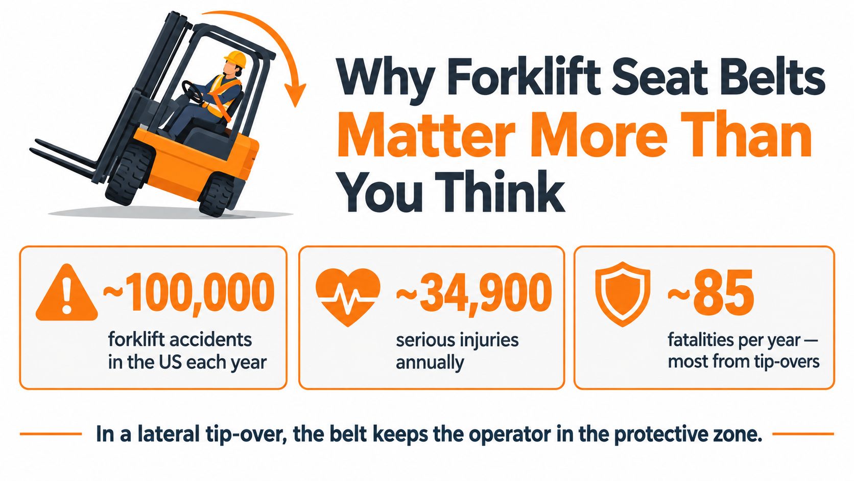 An infographic showing forklift safety statistics and emphasizing the importance of wearing a seat belt.