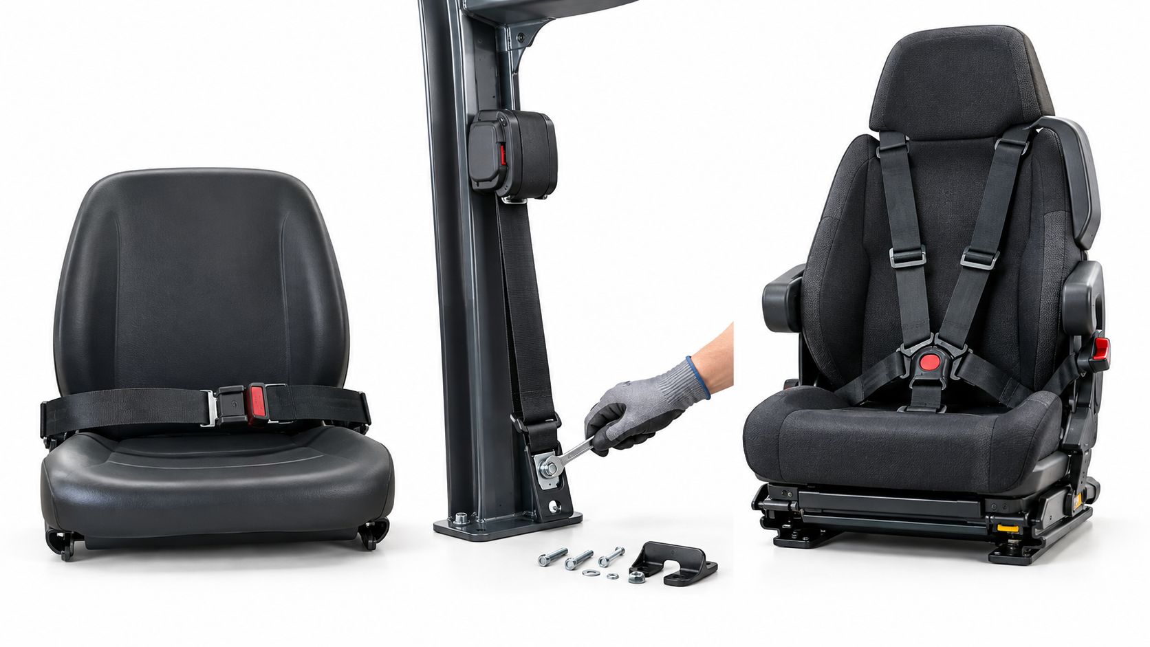 Three black vehicle seats and seat belt components displayed on a clean white studio background.