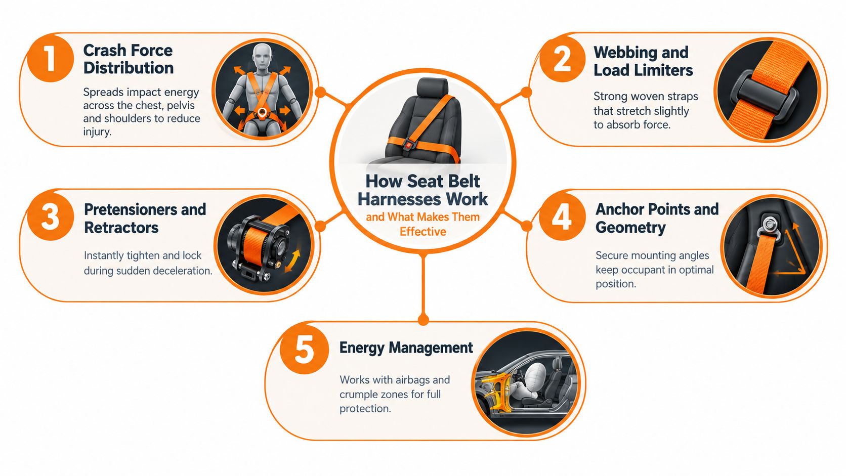 An infographic diagram explaining five key components and safety mechanisms that make seat belt harnesses effective during crashes.