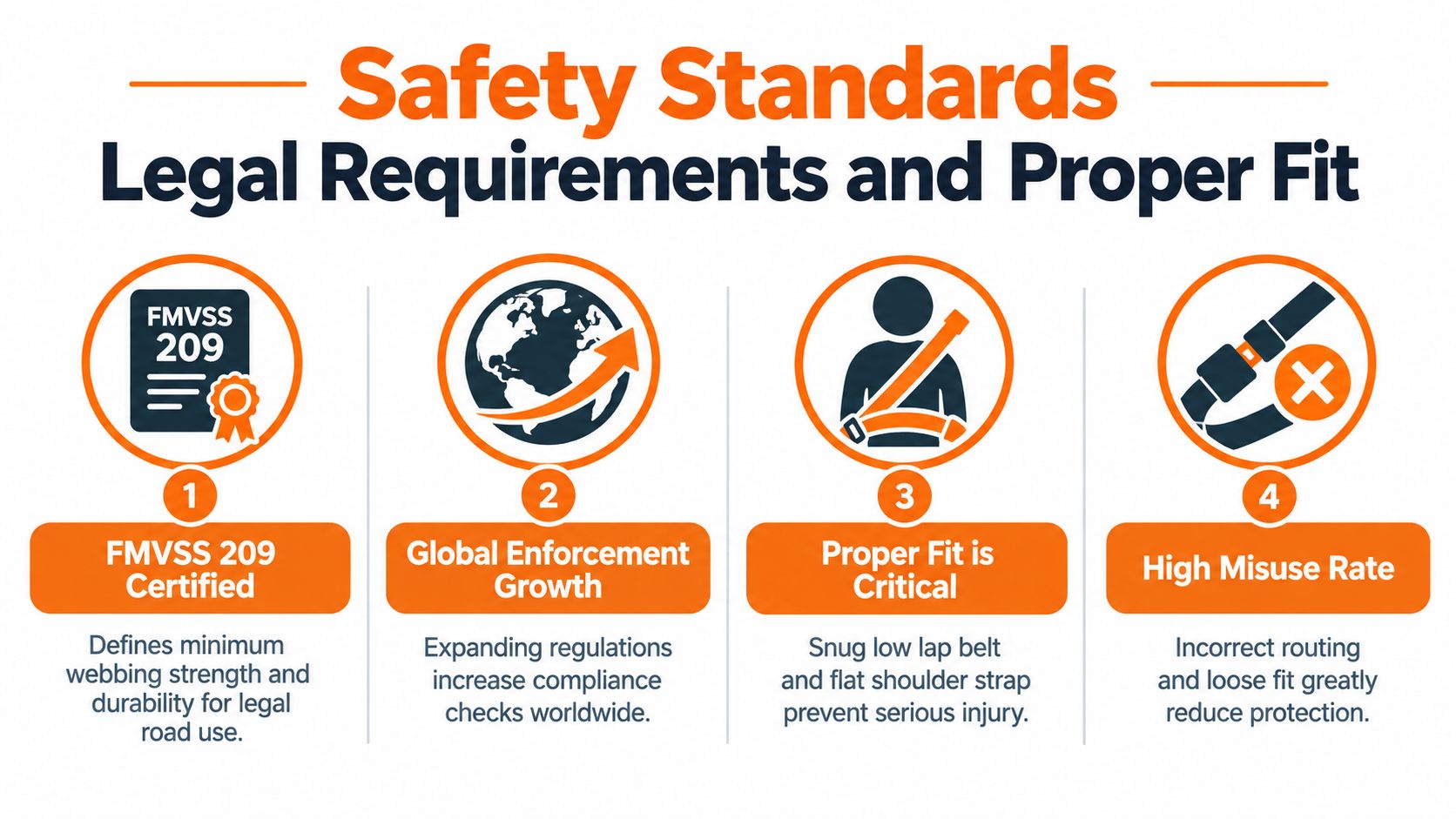 An infographic illustrating four key safety standards, legal requirements, and proper fit guidelines for seat belt harnesses.