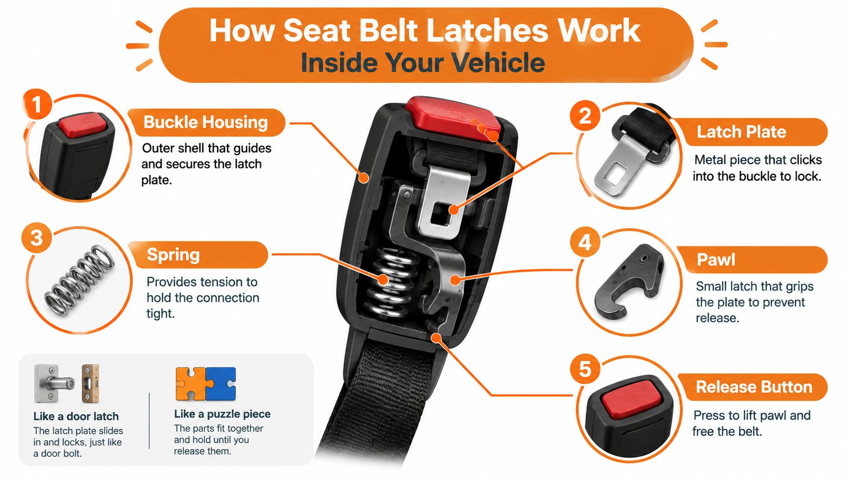 An infographic showing the internal mechanical components of a car seat belt buckle mechanism and how it works.