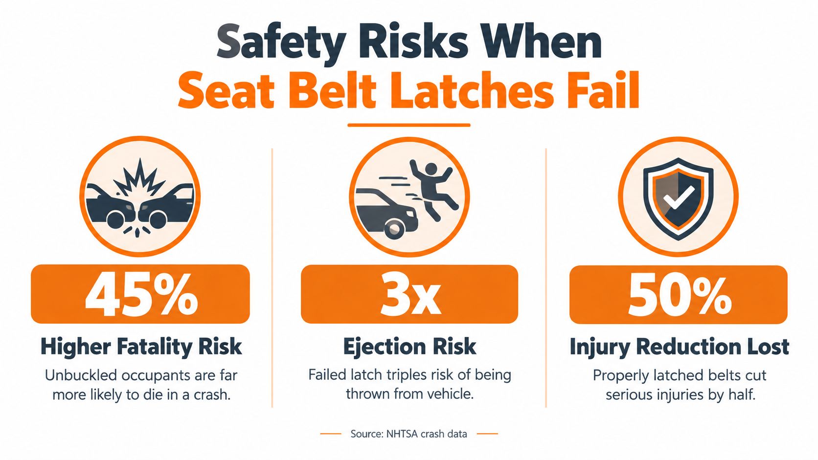An infographic highlighting the safety dangers and increased risks associated with faulty seat belt latch mechanisms.