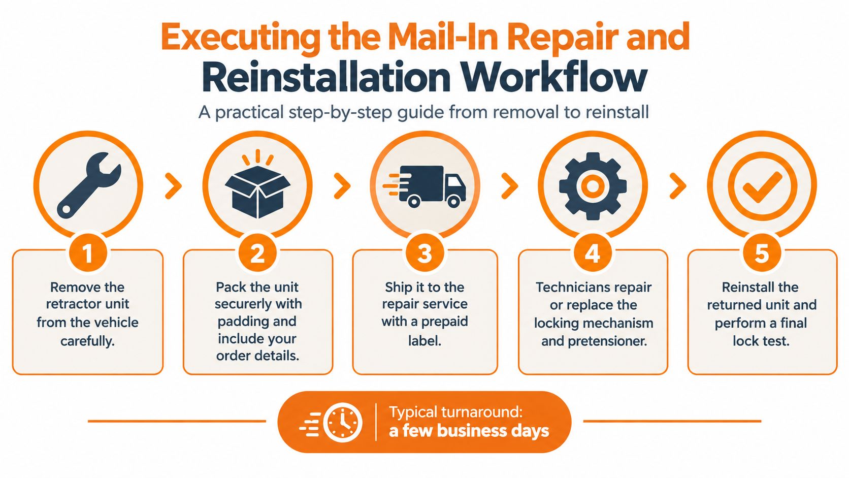 A five-step infographic illustrating the mail-in repair and reinstallation process for a vehicle seat belt retractor unit.