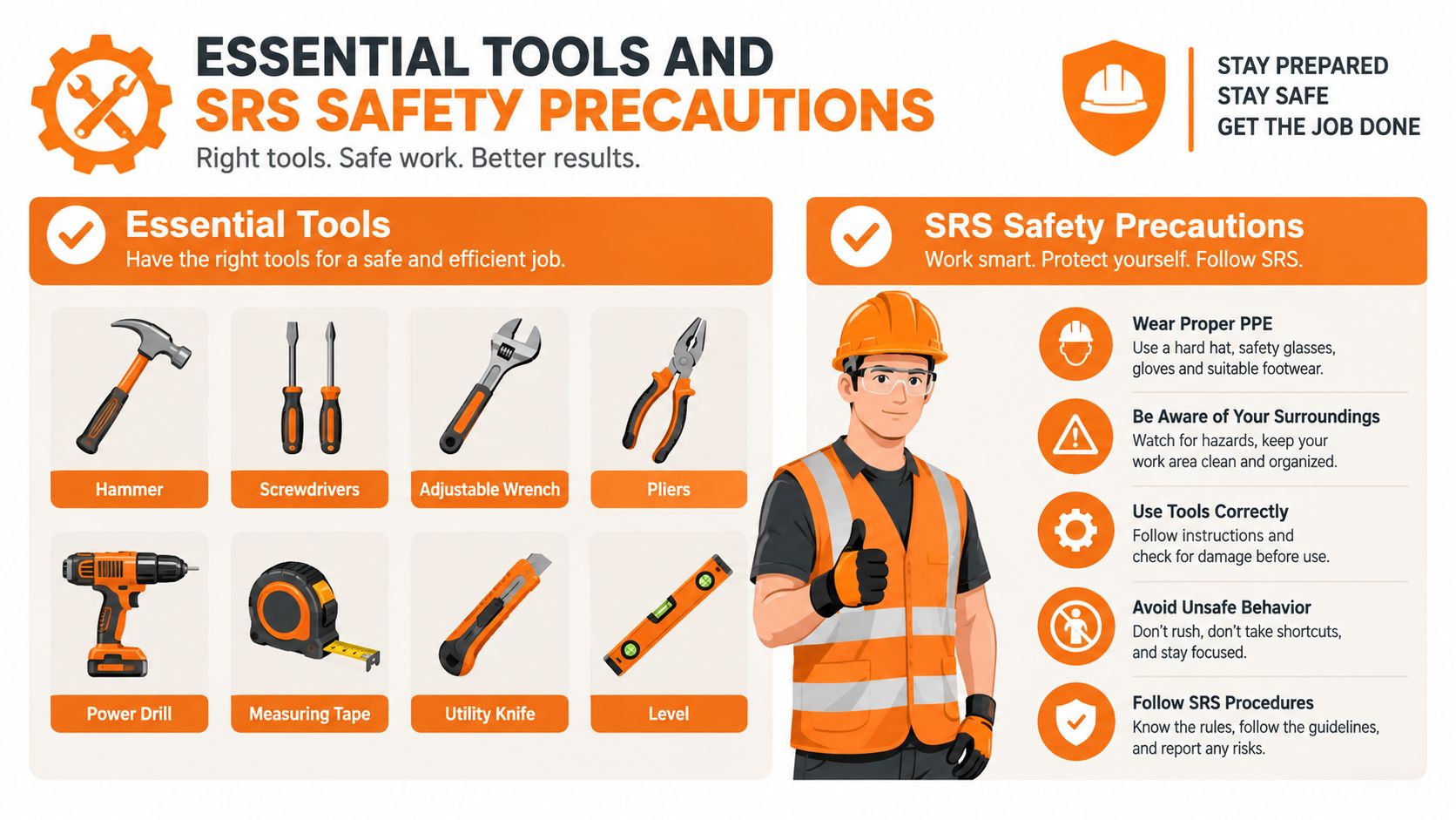 A safety infographic displaying essential construction tools and important safety precautions for workplace protection and injury prevention.