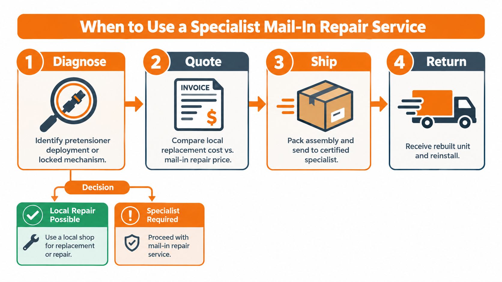 A four-step infographic illustrating the process of using a specialist mail-in service for seat belt repair.