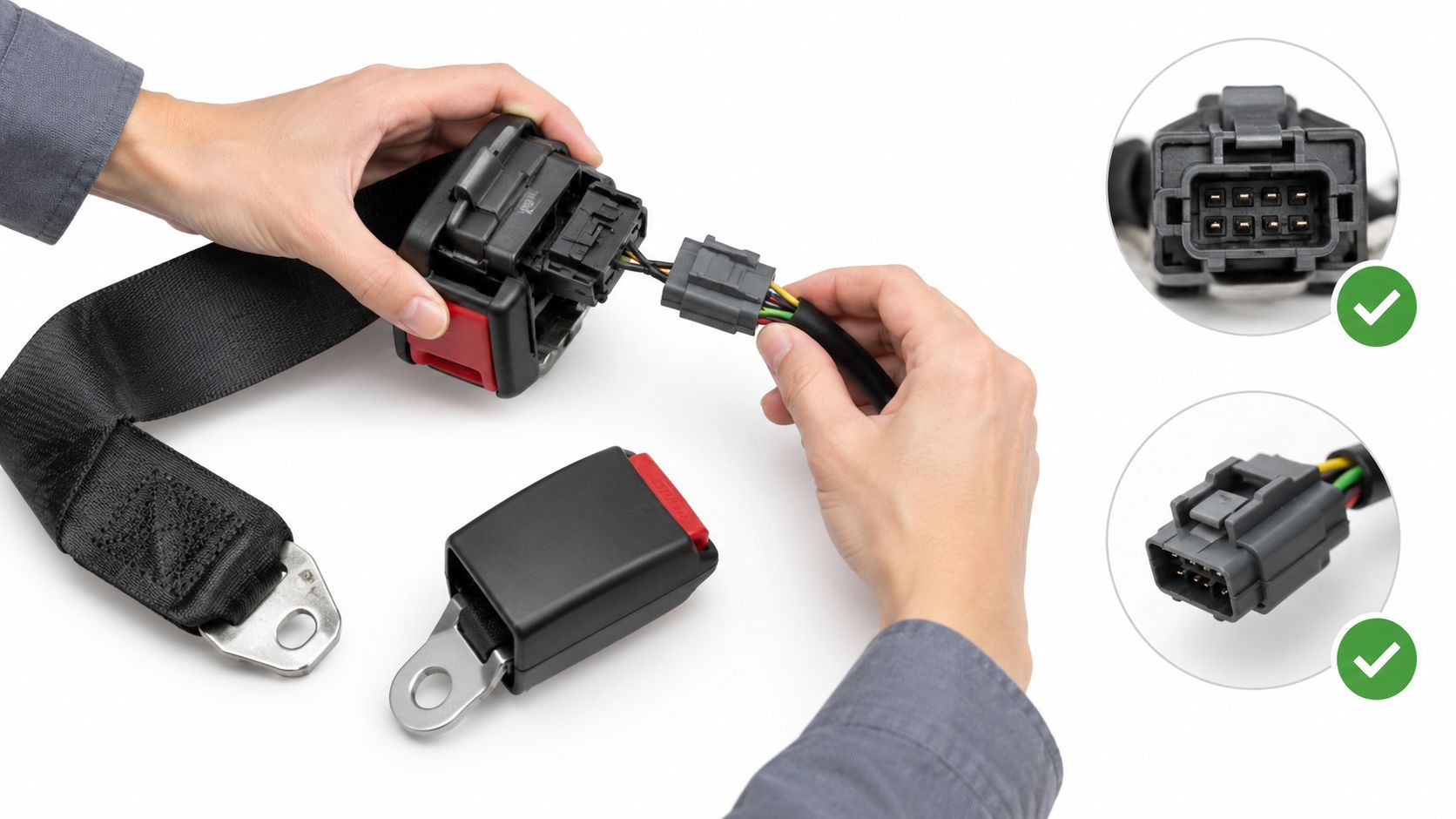 A technician hands performing a seat belt receptacle repair by connecting the wiring harness connector.