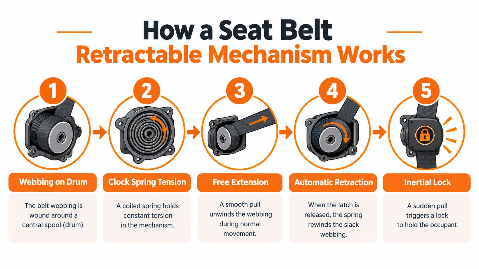 An infographic showing the five steps of a seat belt retractable mechanism, from drum winding to locking.