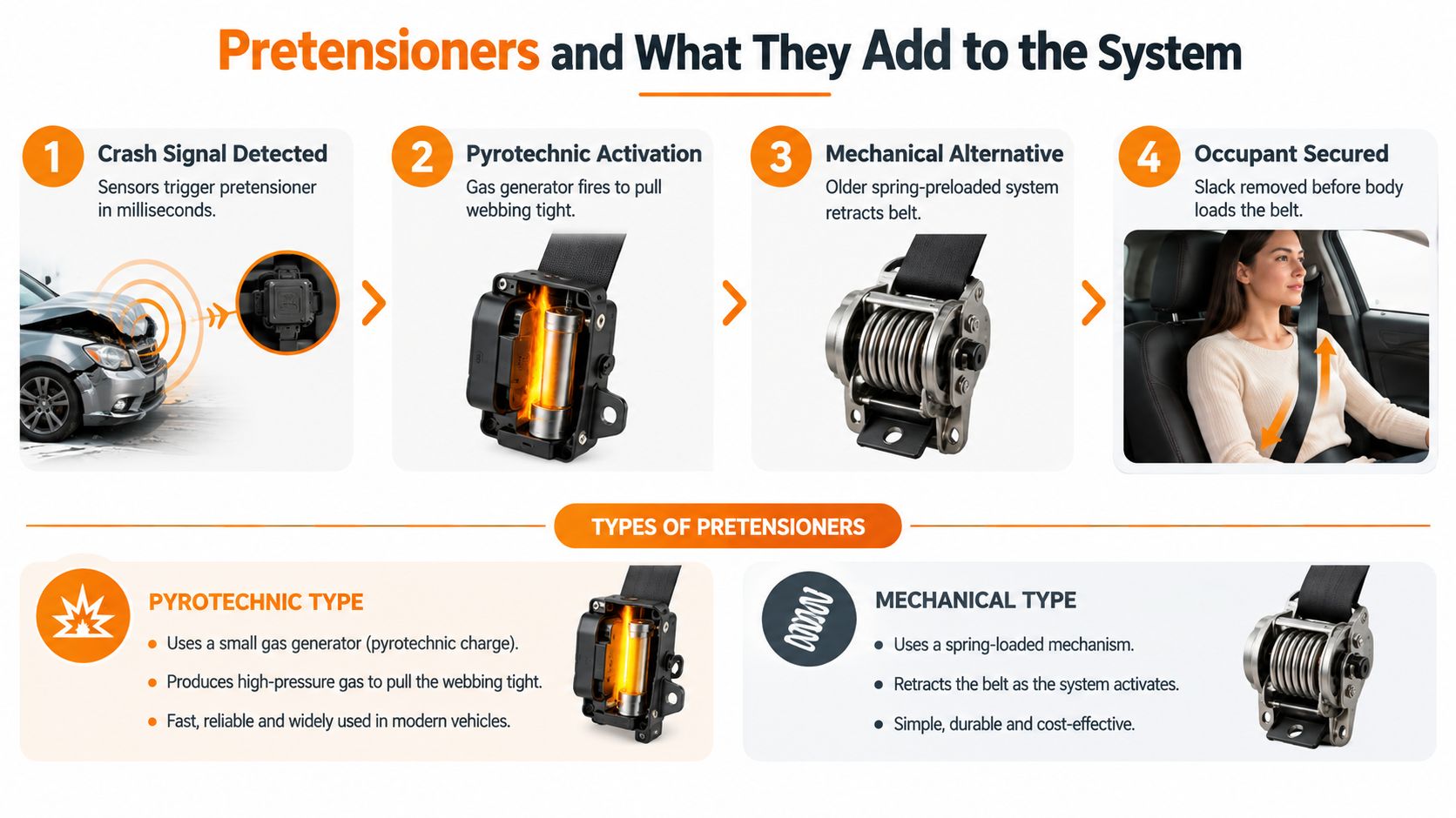 An infographic showing how car seat belt pretensioners work using pyrotechnic and mechanical systems during a crash.