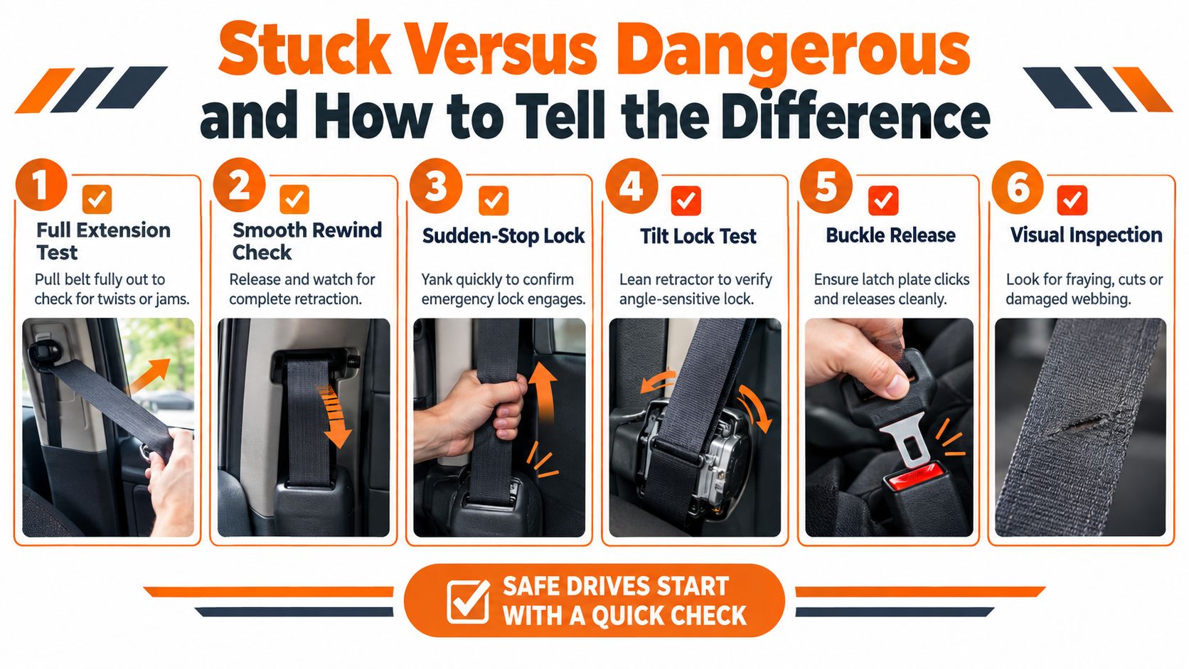 An infographic showing six essential steps to test seat belt safety and proper functionality in a vehicle.