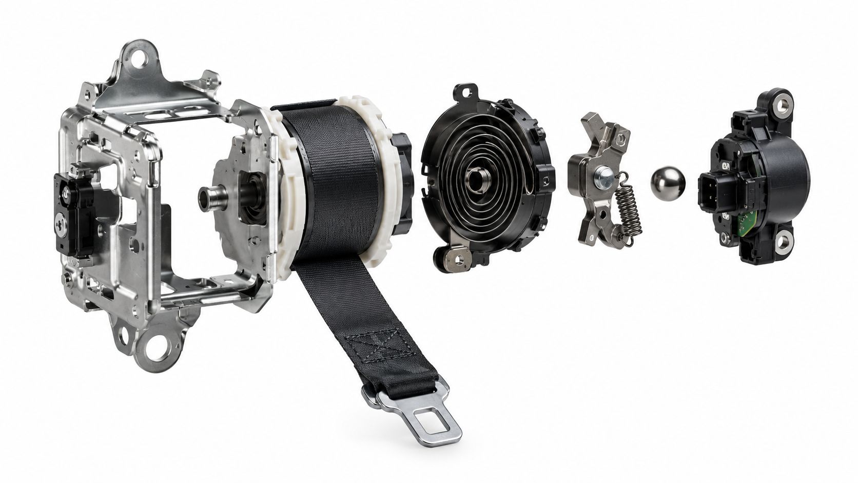 An exploded view of a vehicle safety seat belt mechanism featuring internal mechanical parts and metal casing.
