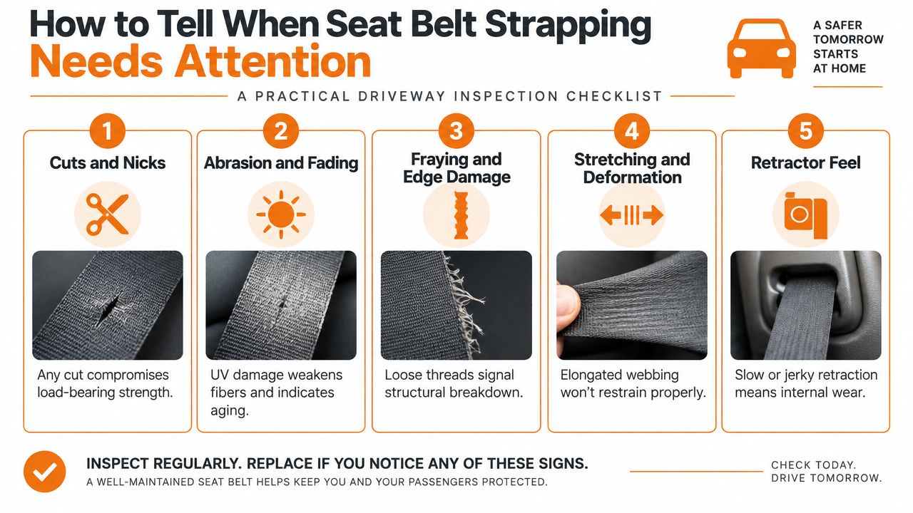 A checklist infographic illustrating five signs of damaged seat belt strapping that require professional attention and replacement.