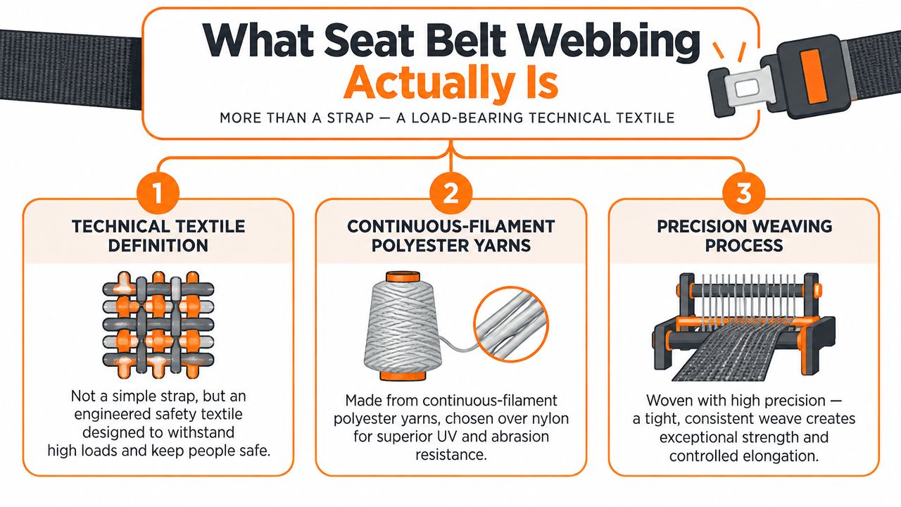 An infographic titled What Seat Belt Webbing Actually Is explaining technical textiles, polyester yarns, and weaving.