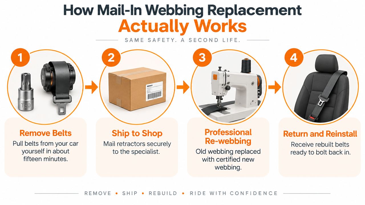 A four-step infographic explaining the mail-in process for replacing car seat belt webbing and safety components.