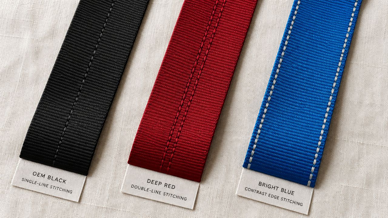 Three different colored fabric webbing samples labeled OEM Black, Deep Red, and Bright Blue on a white background.