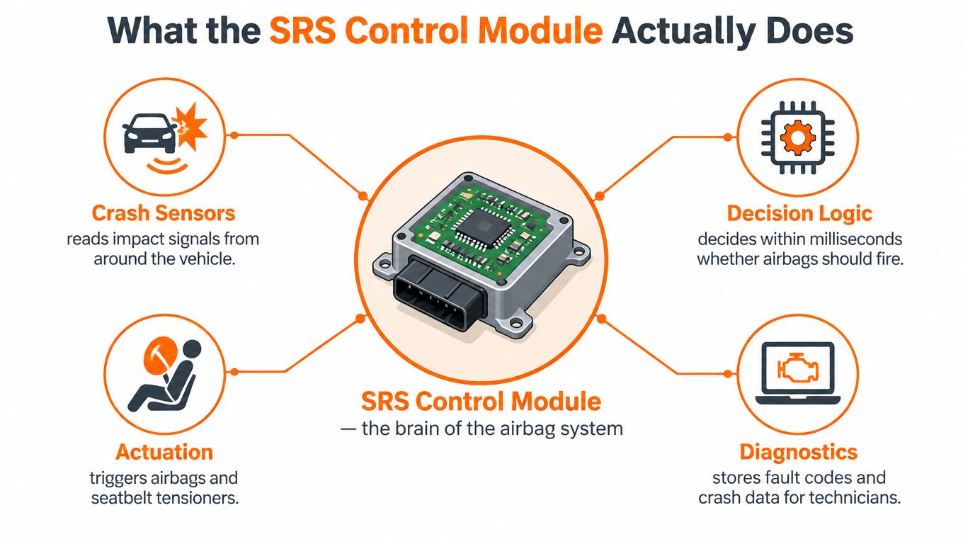 An infographic illustrating the SRS control module functions, including crash sensors, decision logic, actuation, and vehicle diagnostics.