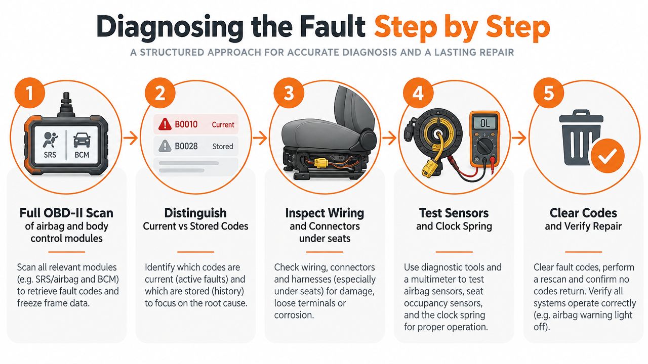 A five-step infographic showing the process for diagnosing and repairing an srs airbag dashboard light system fault.