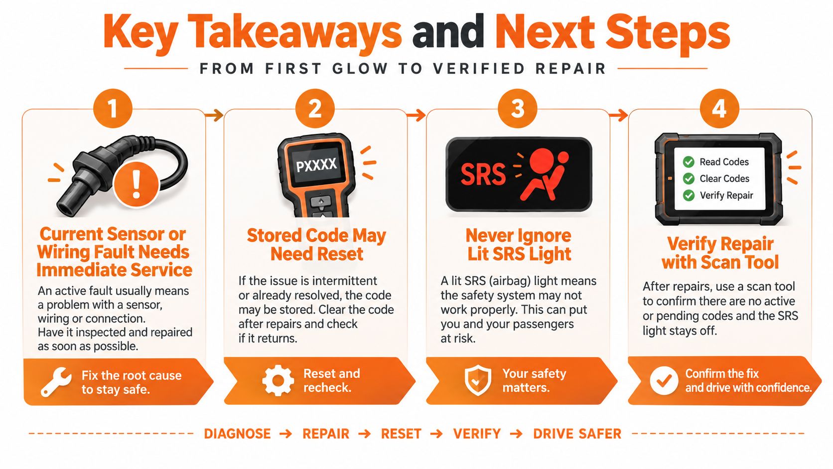 A step-by-step infographic explaining how to diagnose and repair an SRS dashboard warning light issue.
