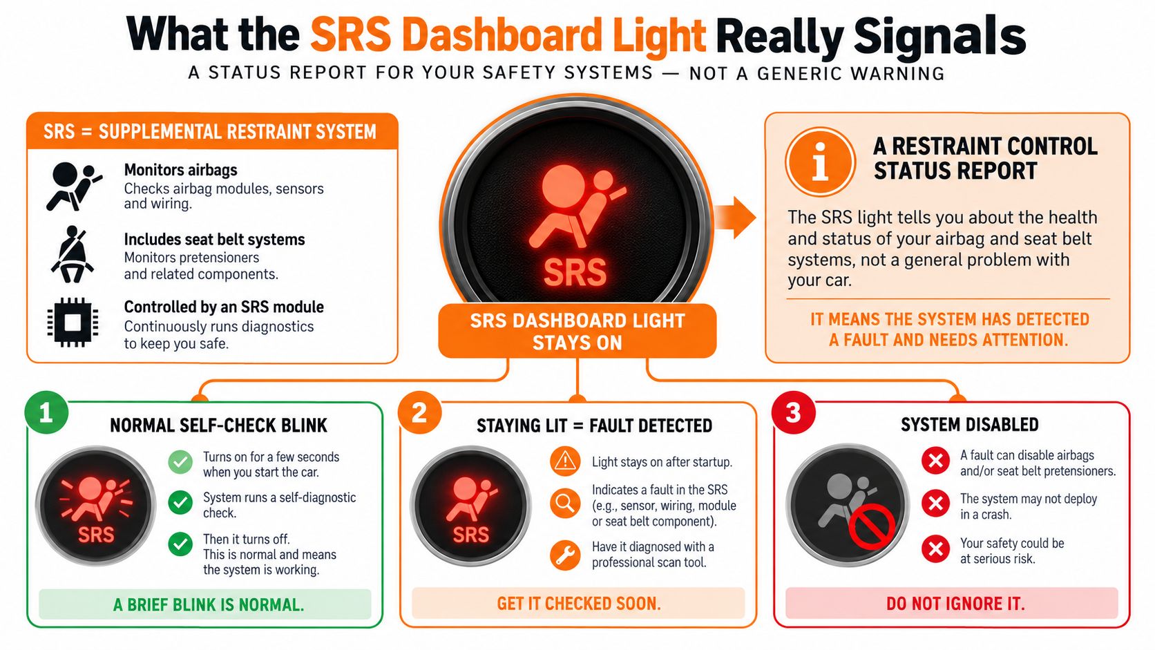 An infographic explaining what the SRS dashboard warning light means and why it requires professional attention.