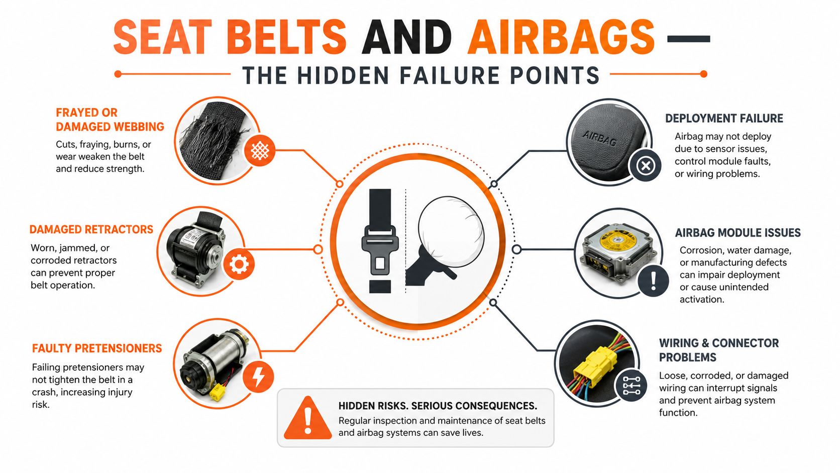 An infographic detailing common hidden failure points in vehicle seat belts and airbag safety systems.