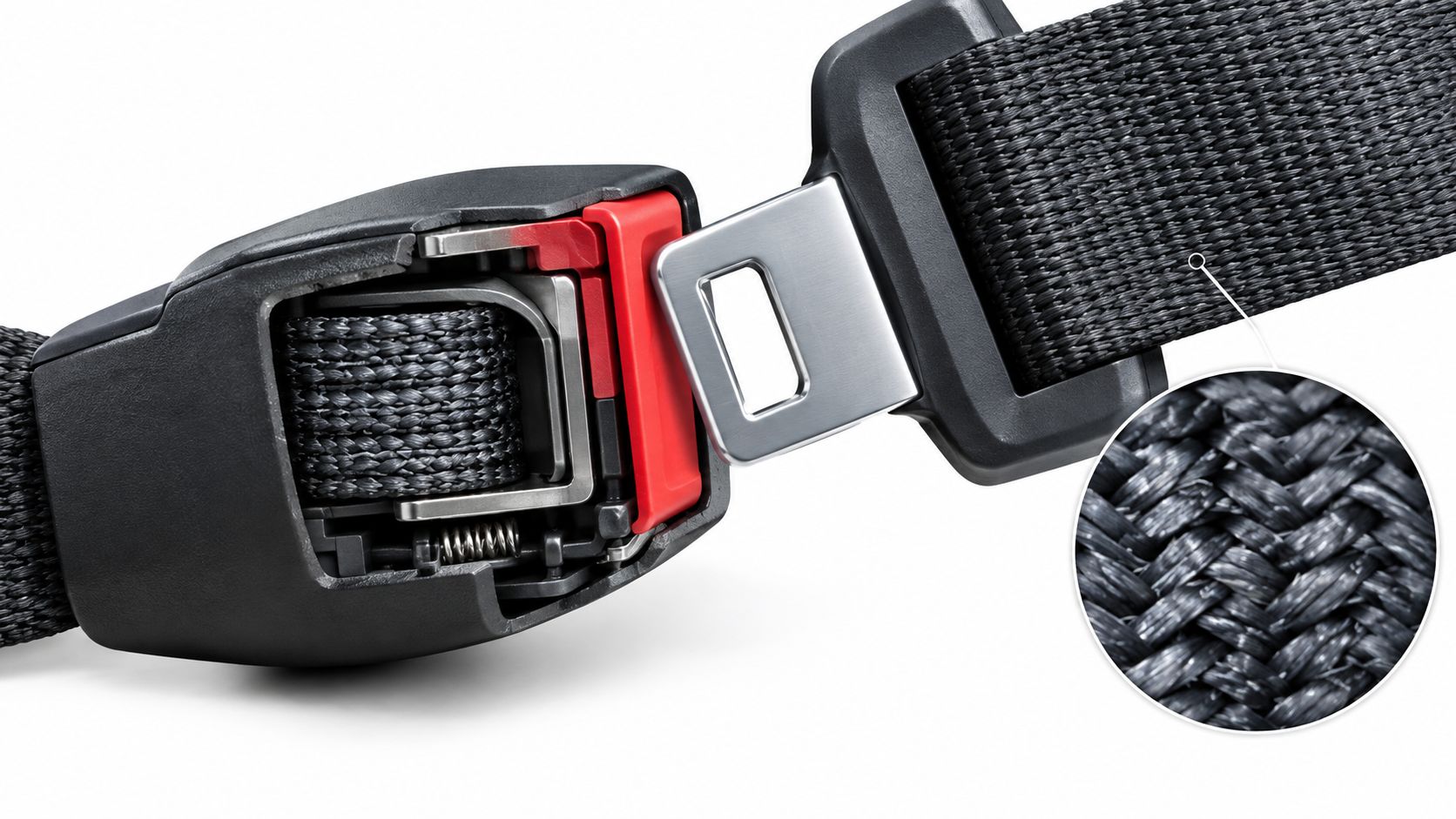 A close-up view of an unbuckled vehicle seat belt with a detailed zoom-in on the fabric texture.