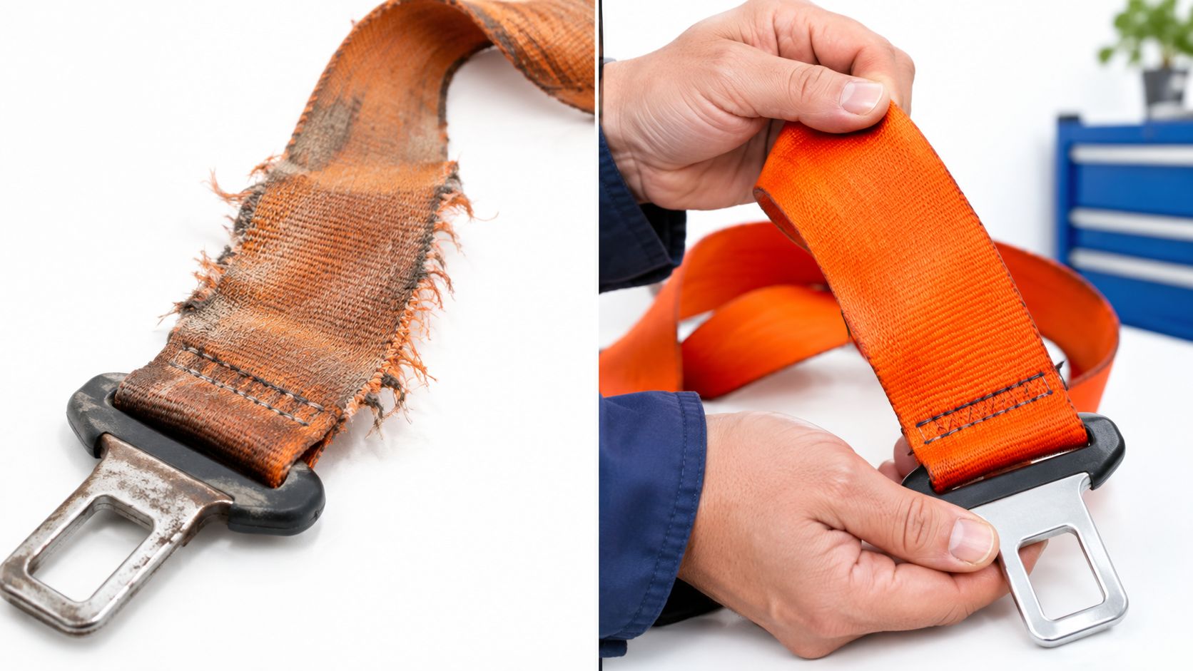 Comparison of a worn out, frayed orange seat belt strap next to a new replacement seat belt.