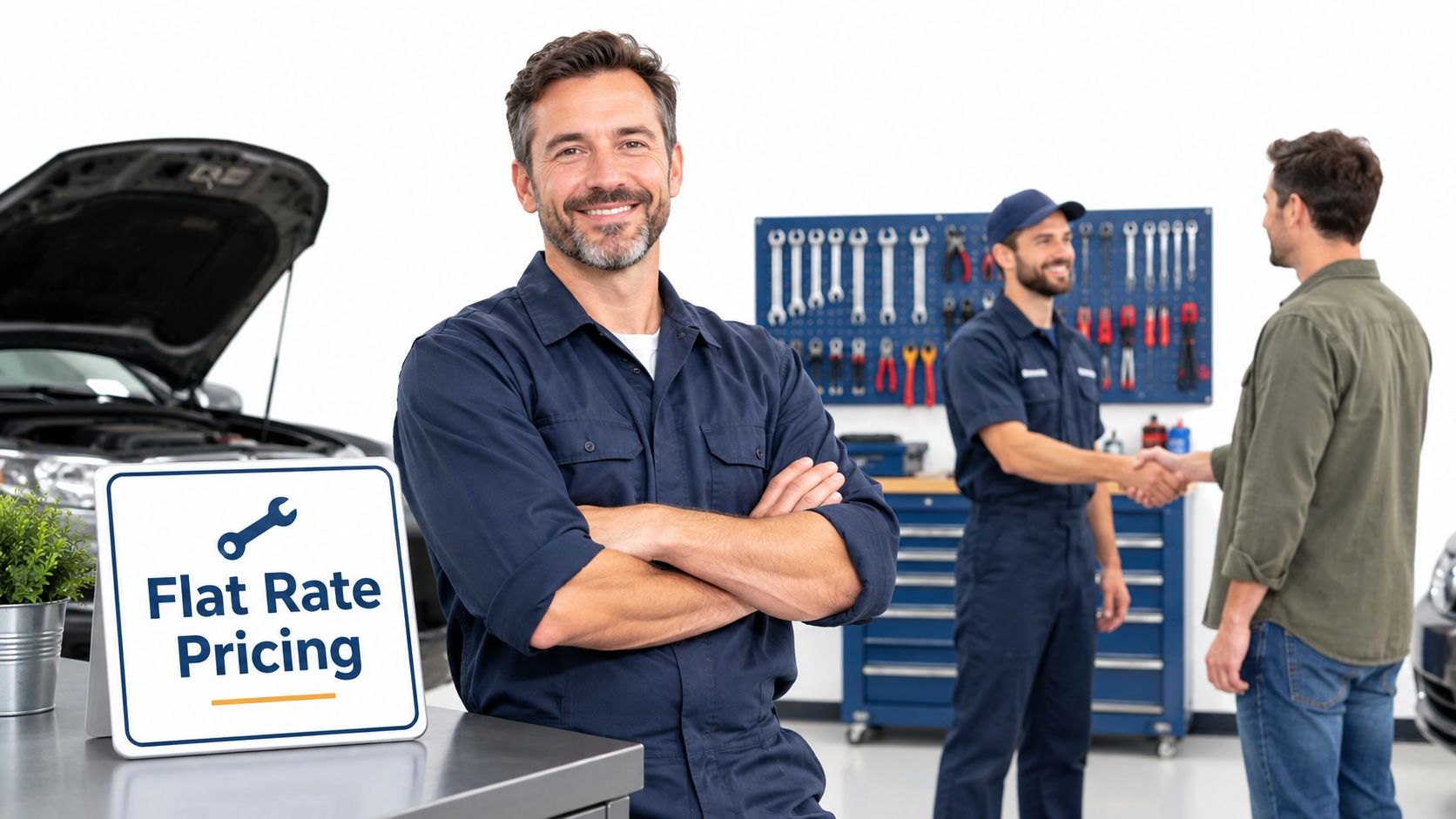 A professional mechanic standing in front of a flat rate pricing sign inside an automotive workshop.