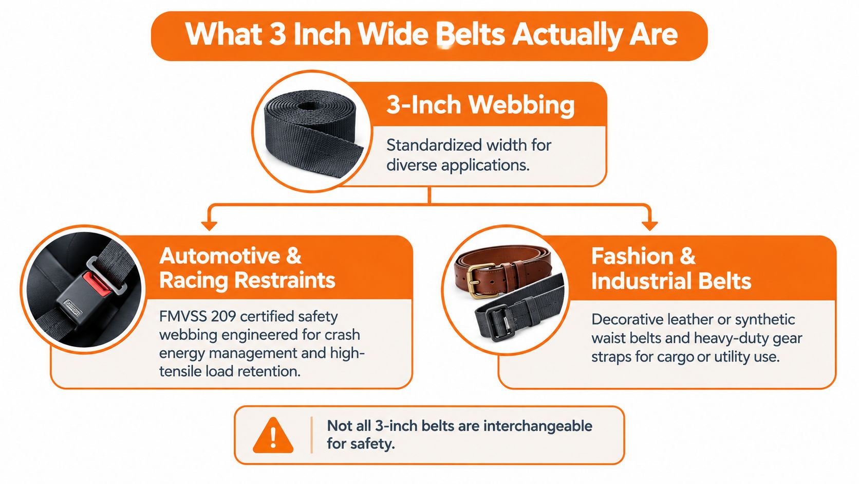 An infographic explaining the different applications of three-inch wide belts, contrasting safety restraints with fashion belts.