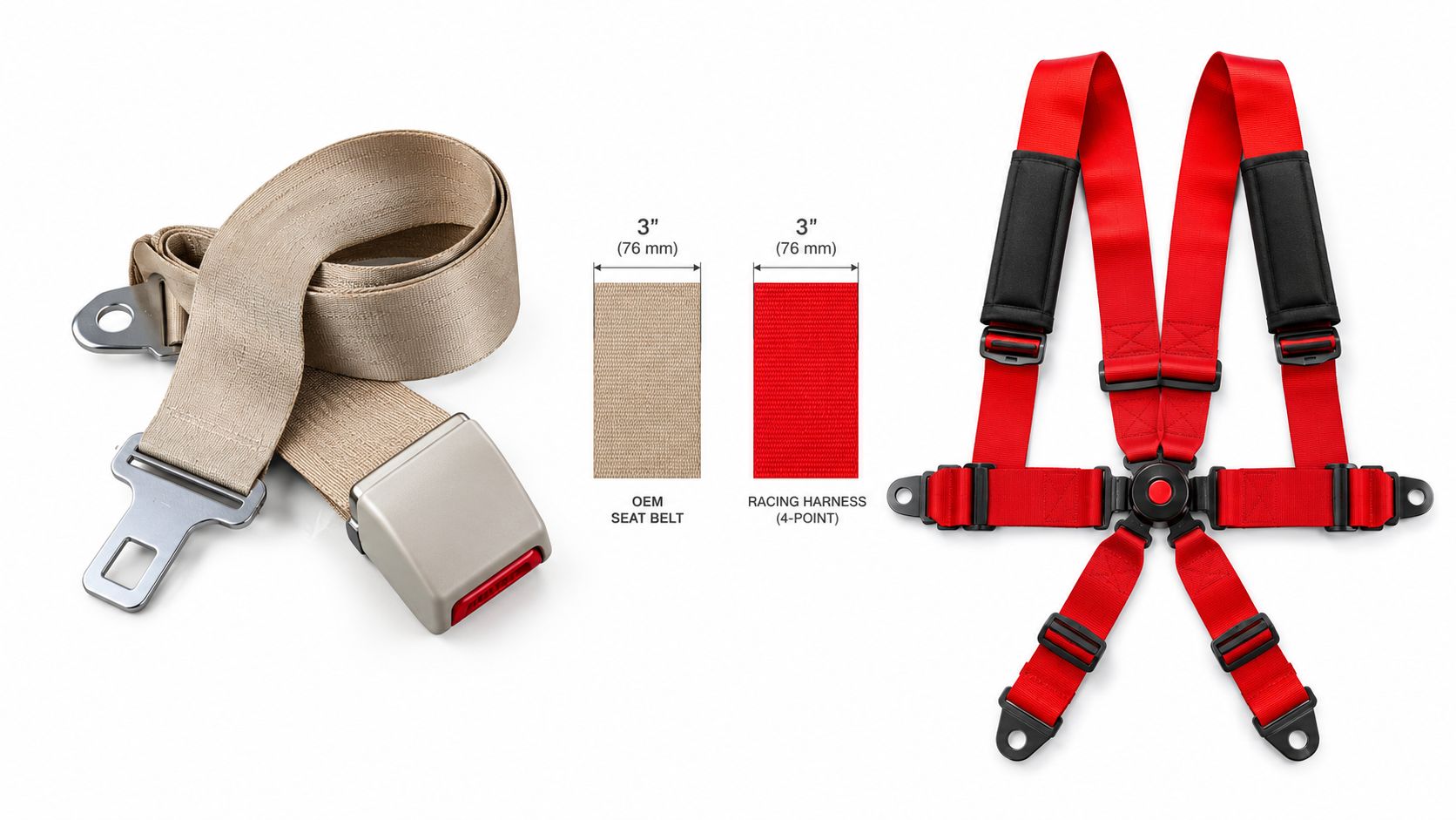 A side-by-side comparison showing a standard tan OEM seat belt and a red 4-point racing harness system.
