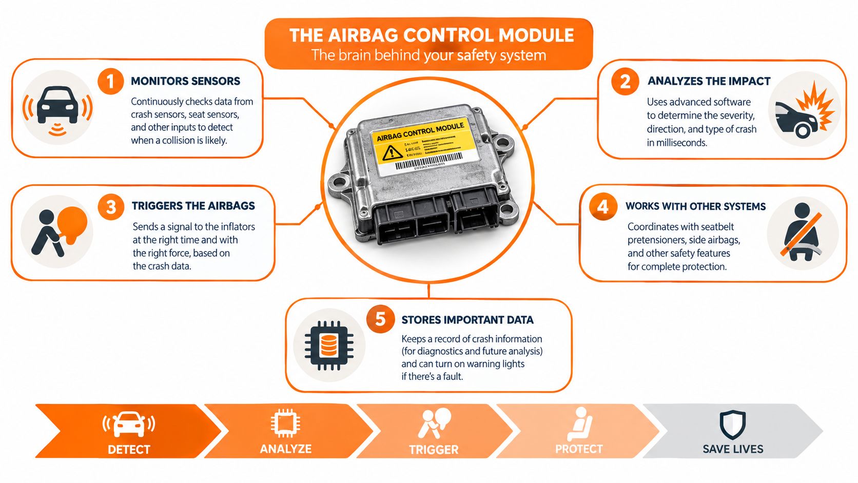 A diagram explaining the five key functions of an automotive airbag control module safety system