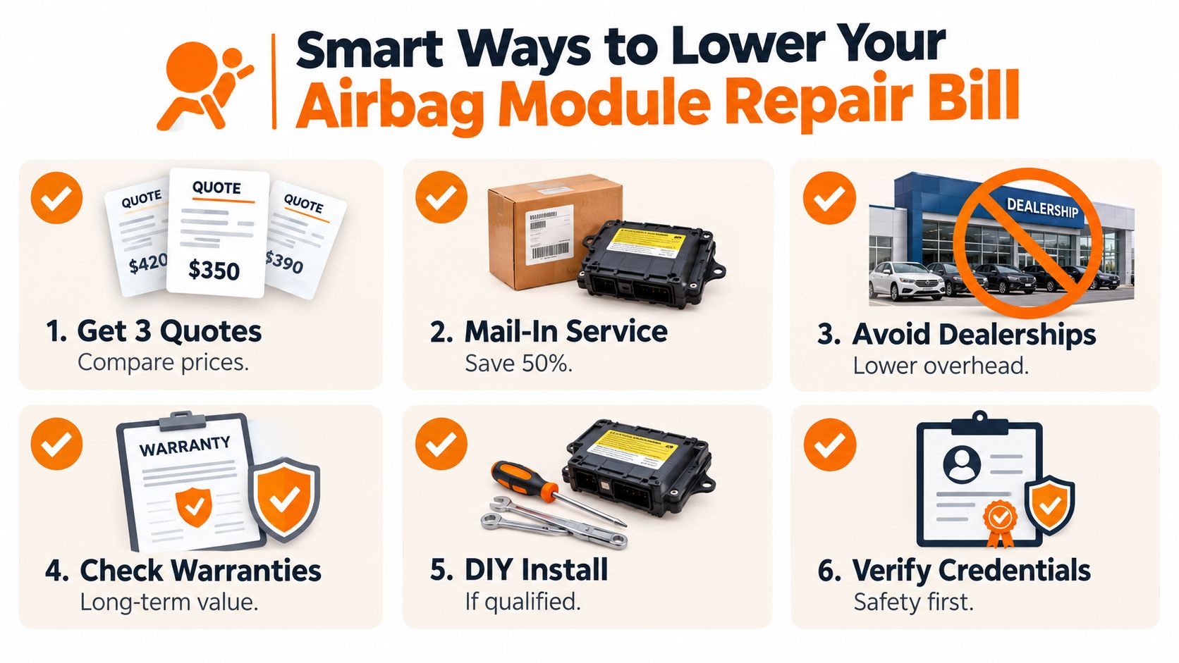 An infographic titled Smart Ways to Lower Your Airbag Module Repair Bill with six cost-saving tips.