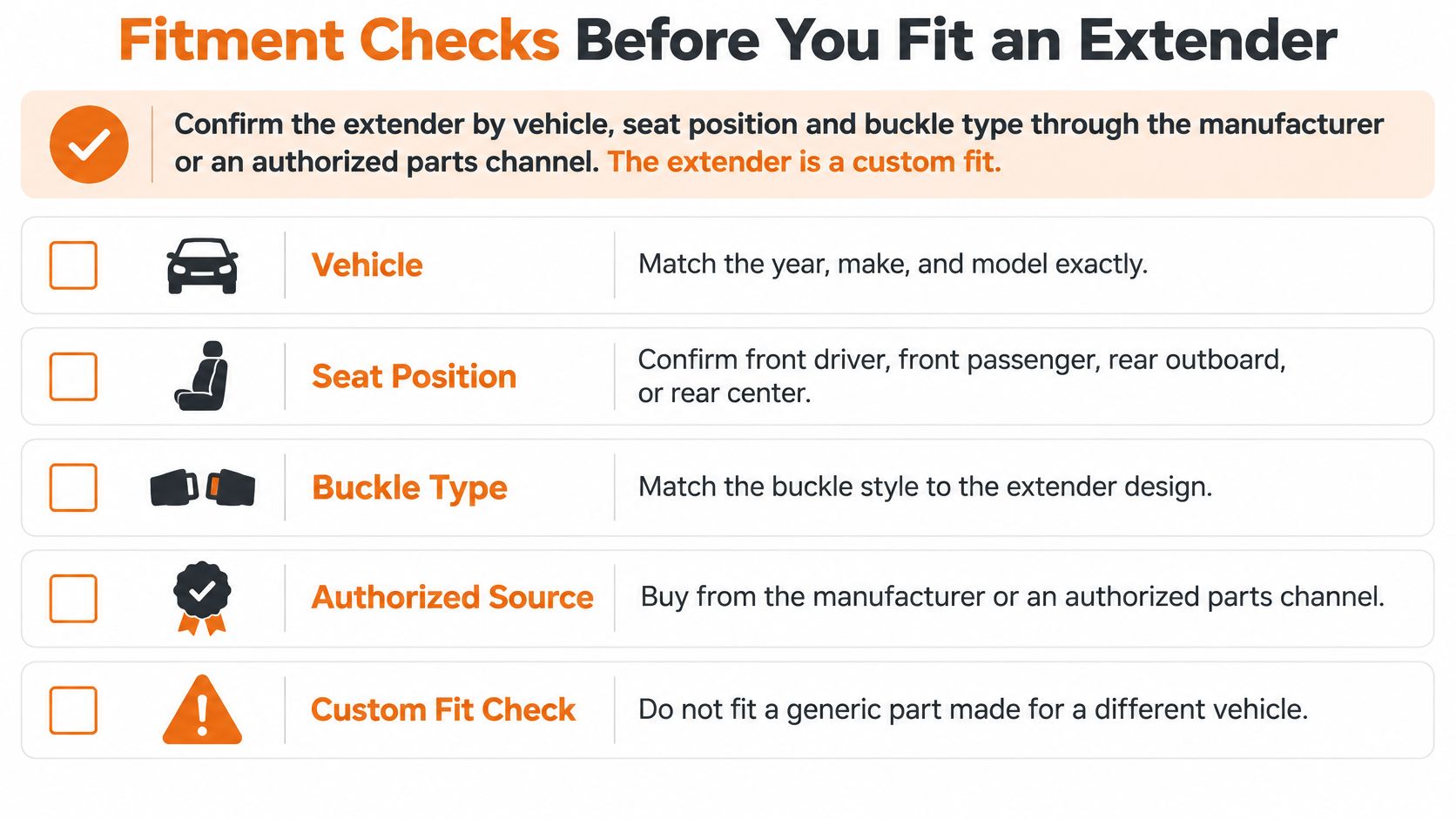 A checklist infographic outlining critical safety considerations for choosing a compatible car seat belt extender.