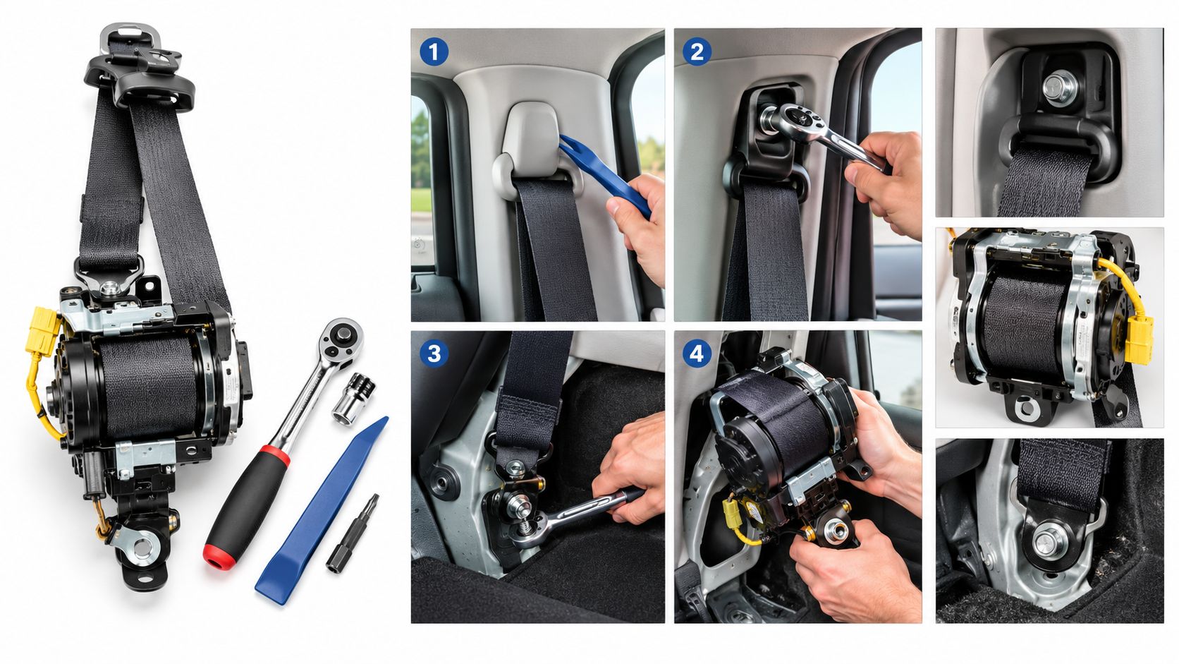 A step-by-step visual guide showing how to remove and replace a car seat belt retractor assembly.