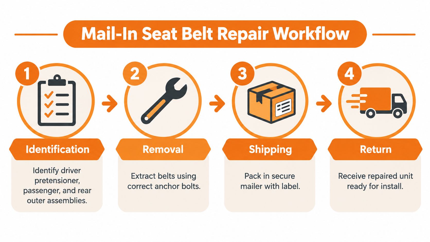 A four-step infographic illustrating the mail-in seat belt repair workflow from identification to return shipping.