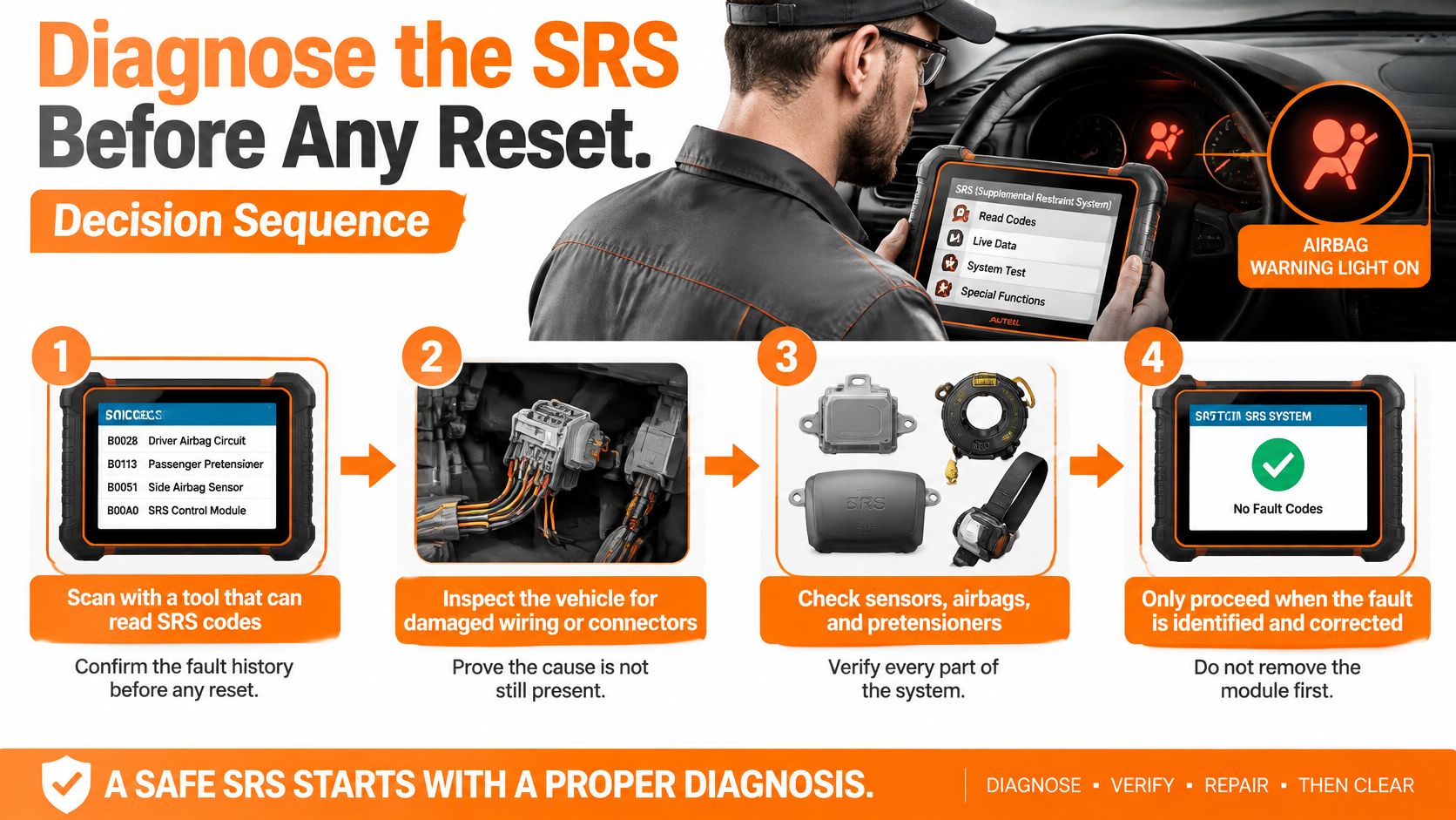 A professional mechanic using an Autel diagnostic tool to follow a four-step SRS system repair sequence.