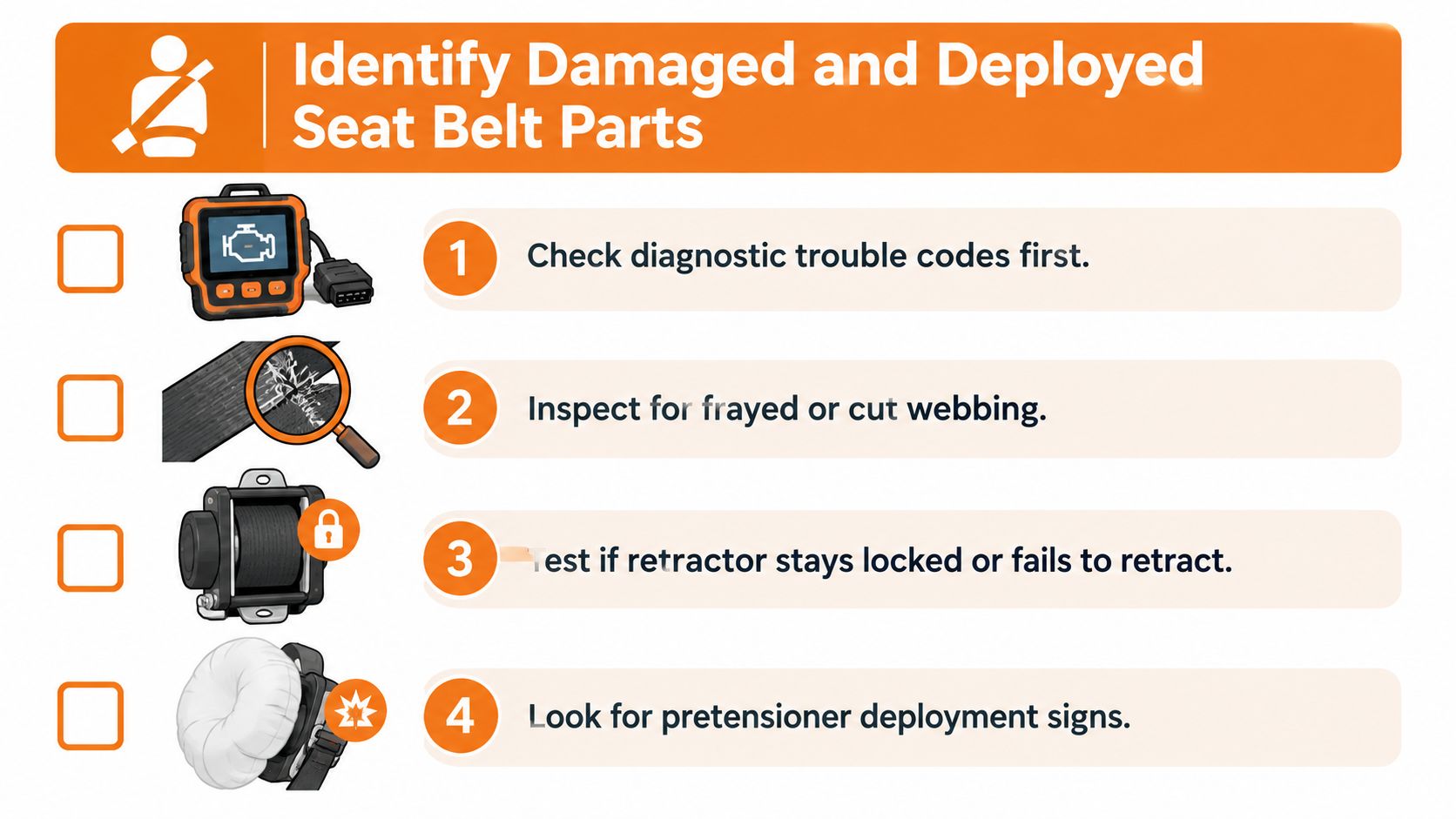 A safety checklist infographic showing how to identify damaged and deployed car seat belt components.