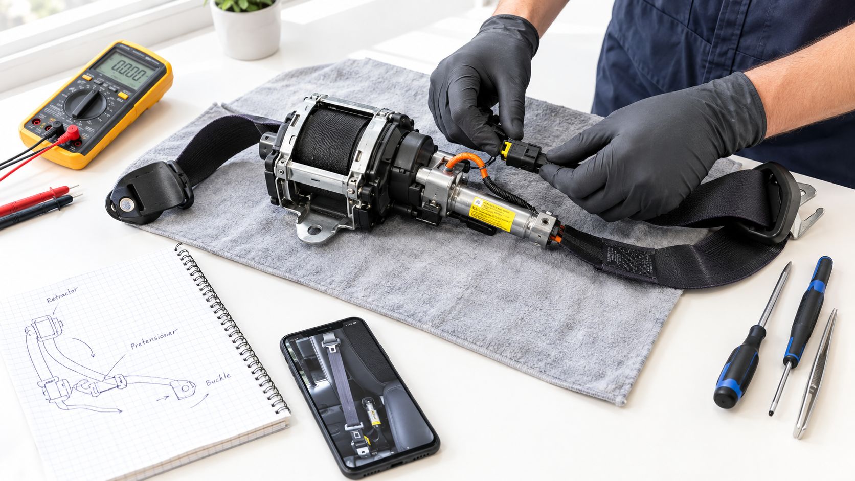 A technician wearing black gloves repairs a car seat belt mechanism while using a multimeter and tools.