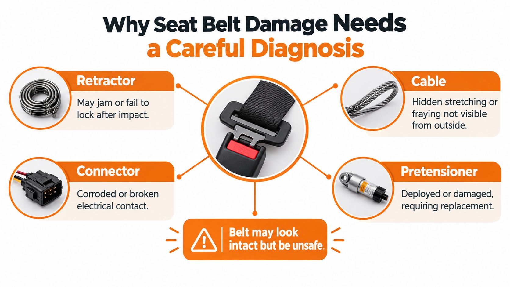 An infographic detailing potential hidden damage in car seat belt components like retractors, cables, connectors, and pretensioners.
