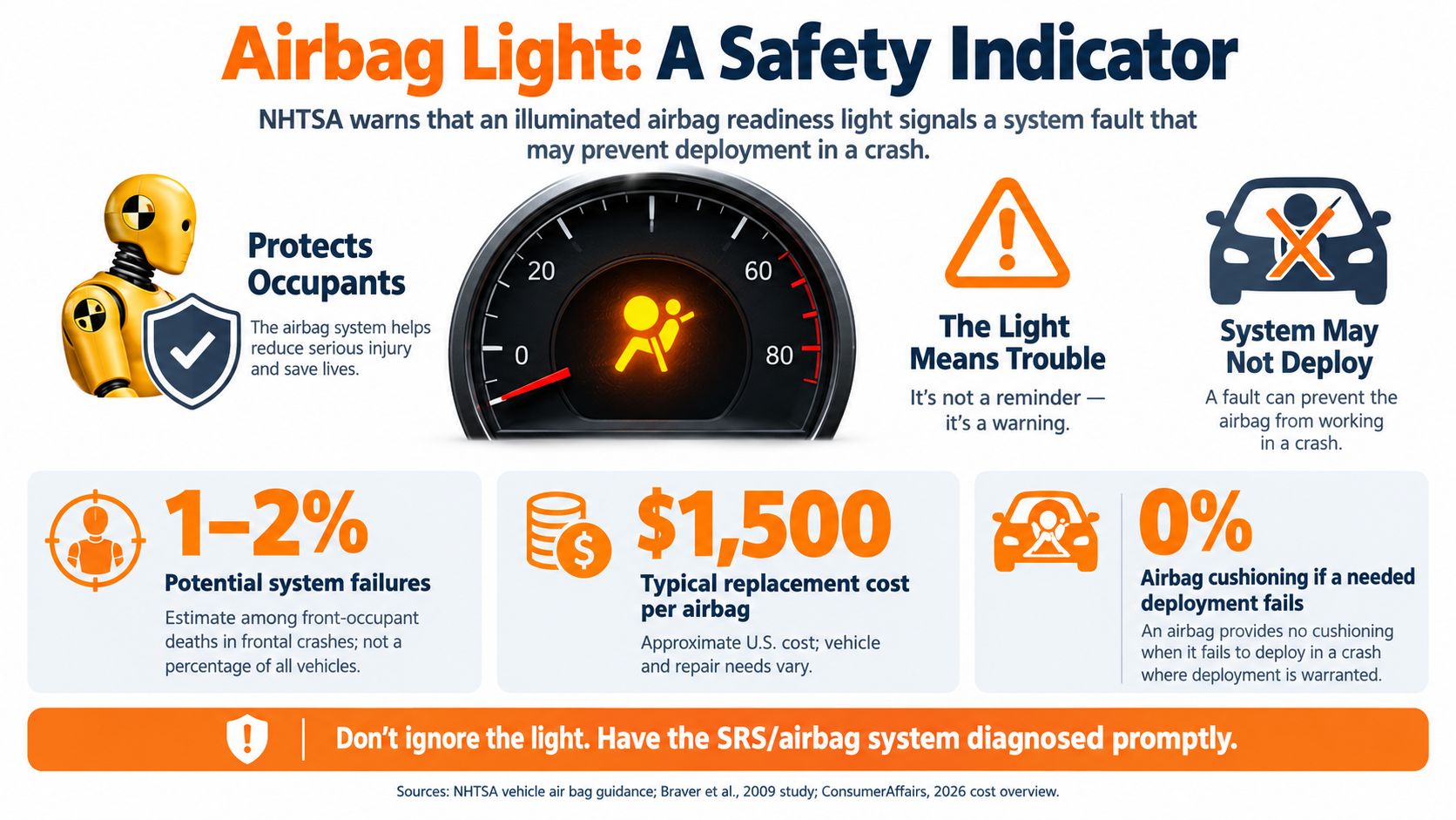 An infographic warning drivers to have their vehicle's airbag system inspected if the warning light appears.